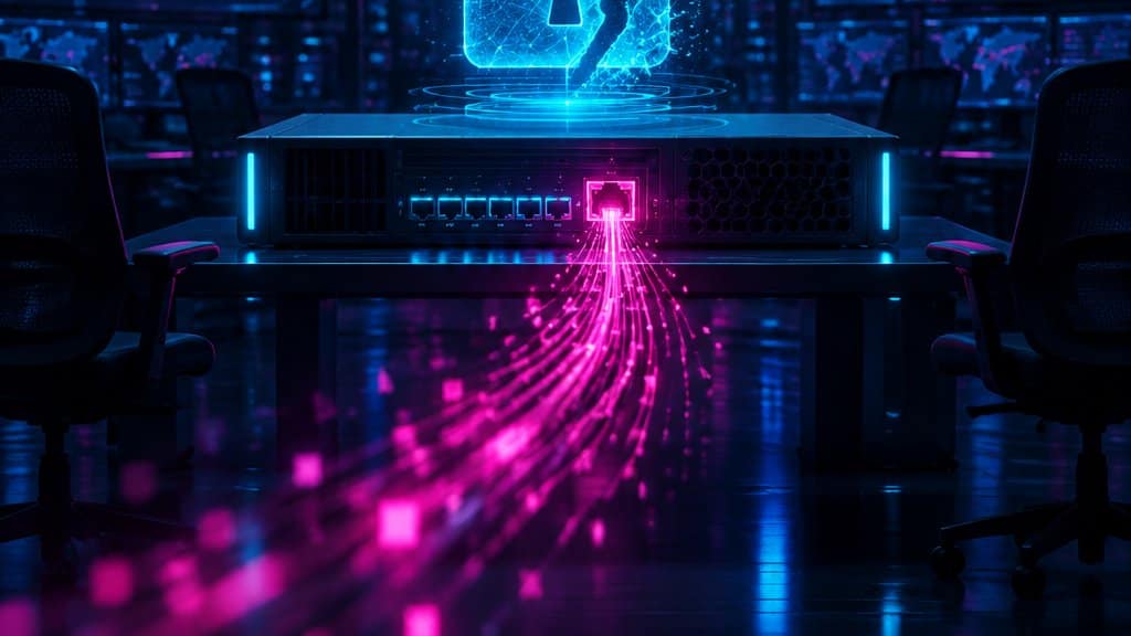 A dark network operations room, a large firewall appliance glowing in the centre with its management port open to a