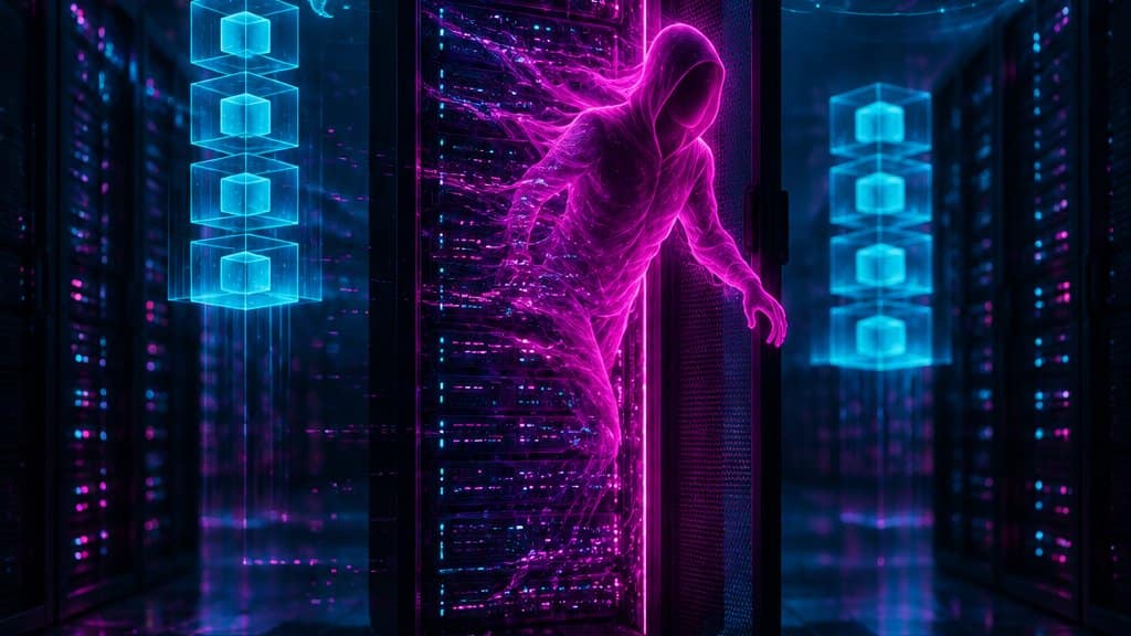 A dark data hall of virtualization servers, one rack in the centre opened with a glowing magenta ghost figure slipping