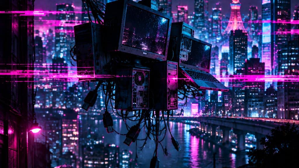 A neon-lit Tokyo night skyline in the centre, cut by magenta glitch lines, a small passenger plane silhouette and a