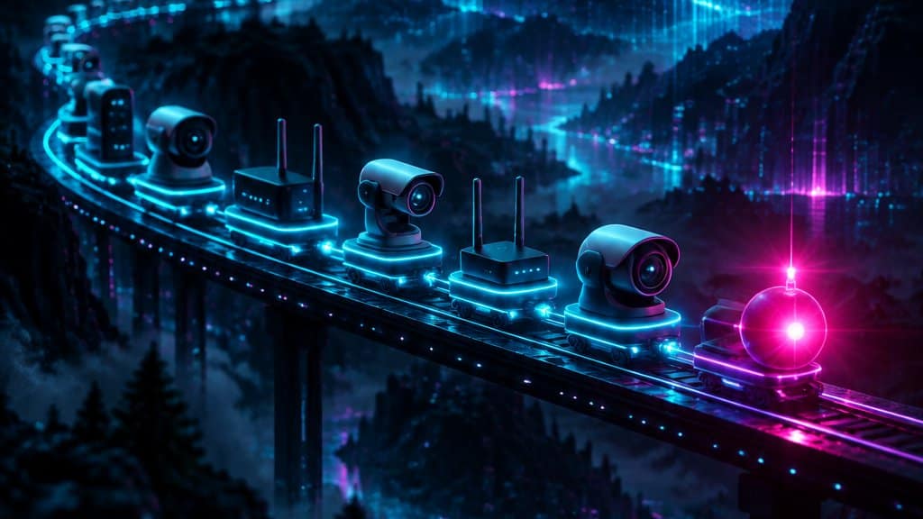 A chain of glowing cyan nodes shaped like a night train winding through a dark digital landscape, small routers and