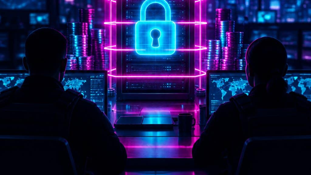 A dark police cyber unit desk, a glowing server tower in the centre wrapped in a magenta seizure barrier of light bars,