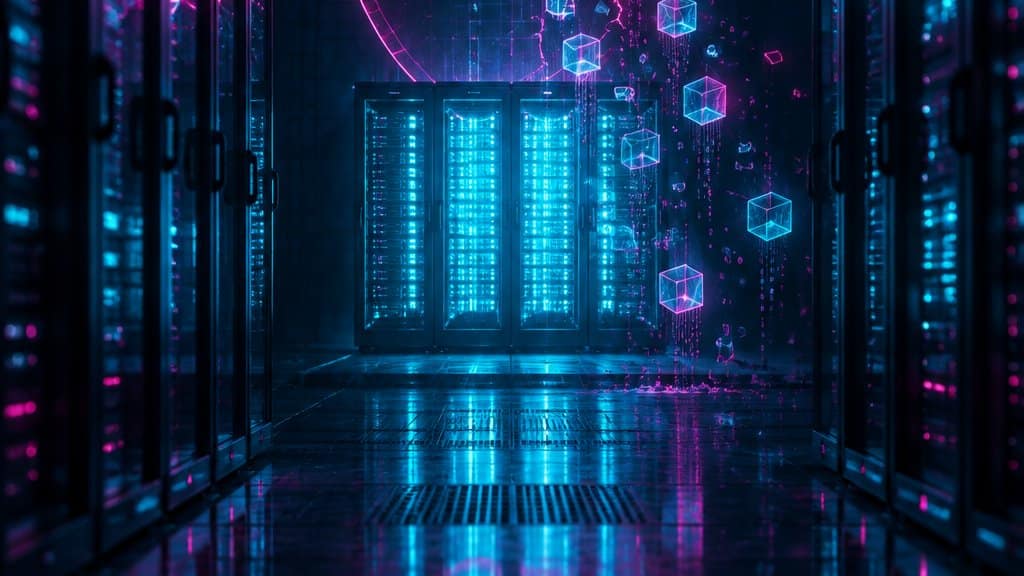 A dark government data centre corridor in Eastern Europe, a glowing cyan server cluster at the end under a cracked