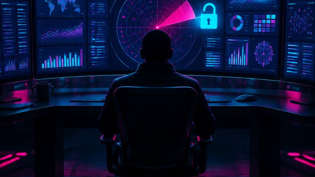A dark enterprise business-suite console, a large curved monitor in the centre with abstract tables and charts, a