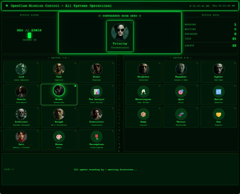 OpenClaw Mission Control dashboard with Matrix-themed AI agents