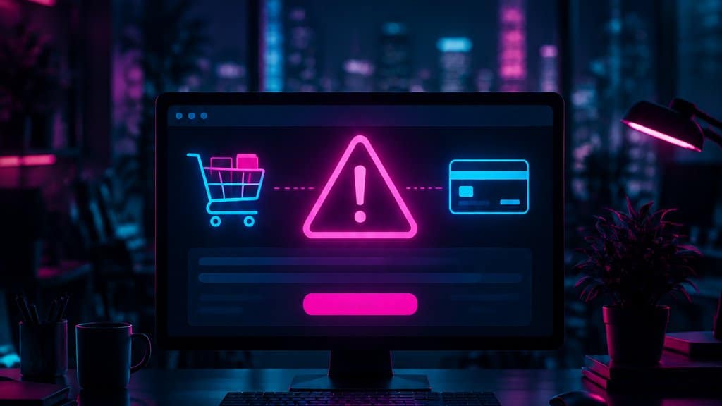 A dark e-commerce checkout screen glowing on a monitor in the centre, abstract shopping cart and payment card icons