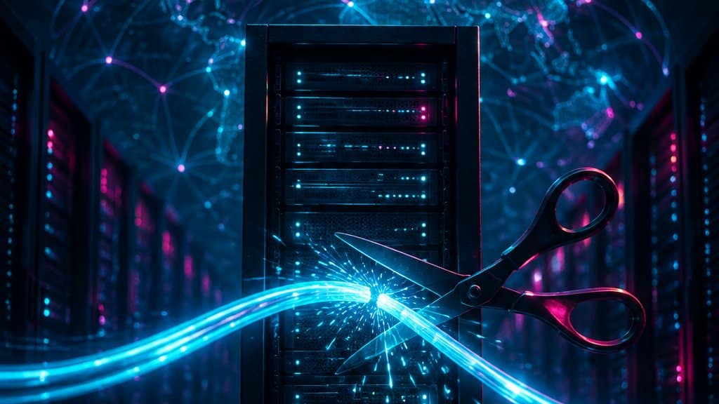 A dark server rack in the centre with a glowing cable being cut by a pair of scissors, sparks of cyan light, rows of