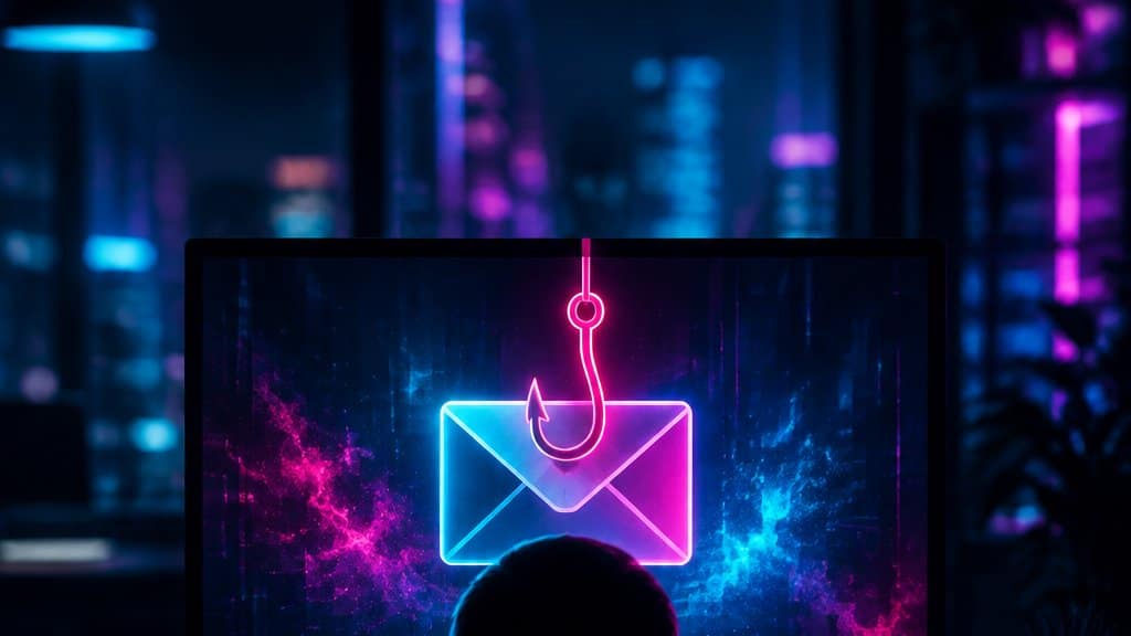 A dark office seen from behind a silhouetted operator, a monitor in the centre showing an abstract phishing lure: an