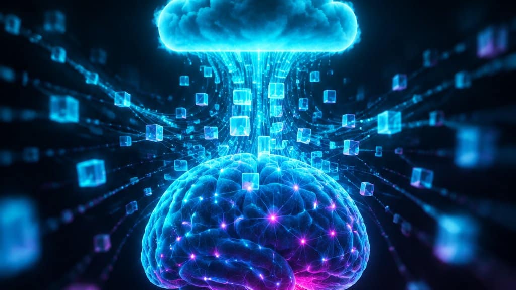 A cloud AI data stream: a glowing cyan cloud shape in the centre with streams of data cubes flowing into an abstract