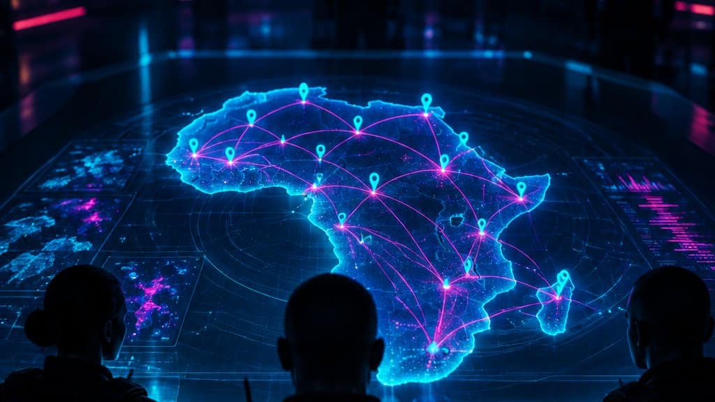 A dark police operation map table, a holographic abstract map of the African continent outline in the centre with cyan