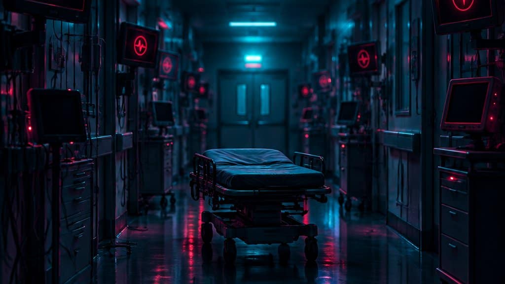 A dark hospital corridor in perspective, rows of medical monitors along the walls all dark or showing flat red offline