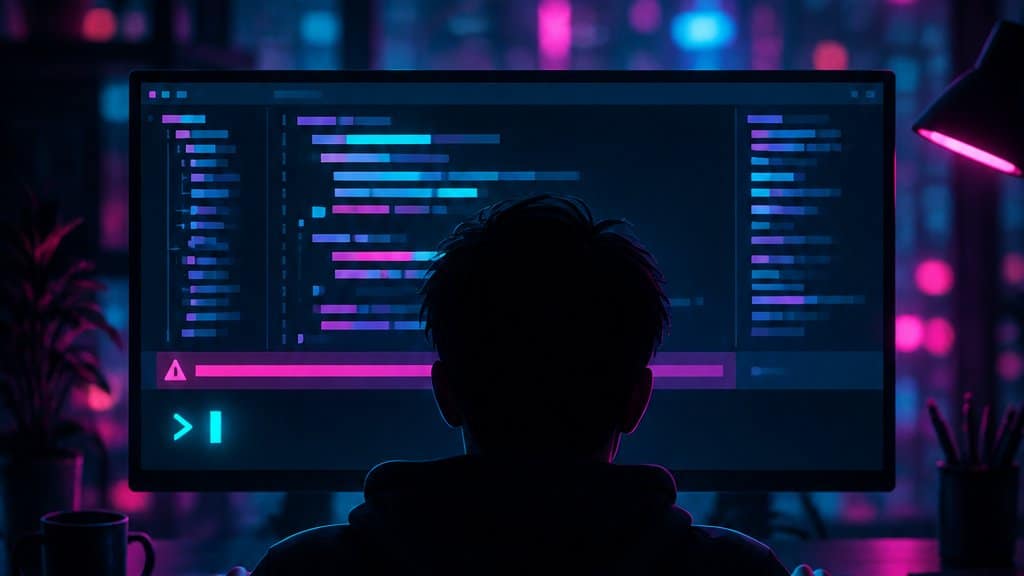 A dark code editor on a monitor in the centre showing abstract colored lines of code blocks (unreadable) and a terminal