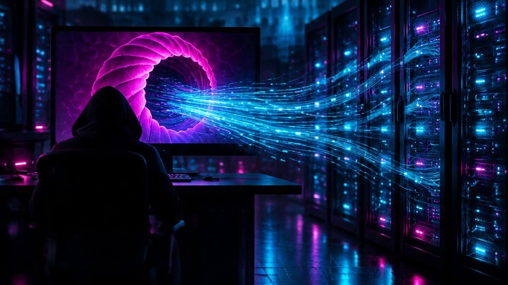 A dark web server with a glowing magenta shell-like terminal portal opening on a single monitor, cyan code streams