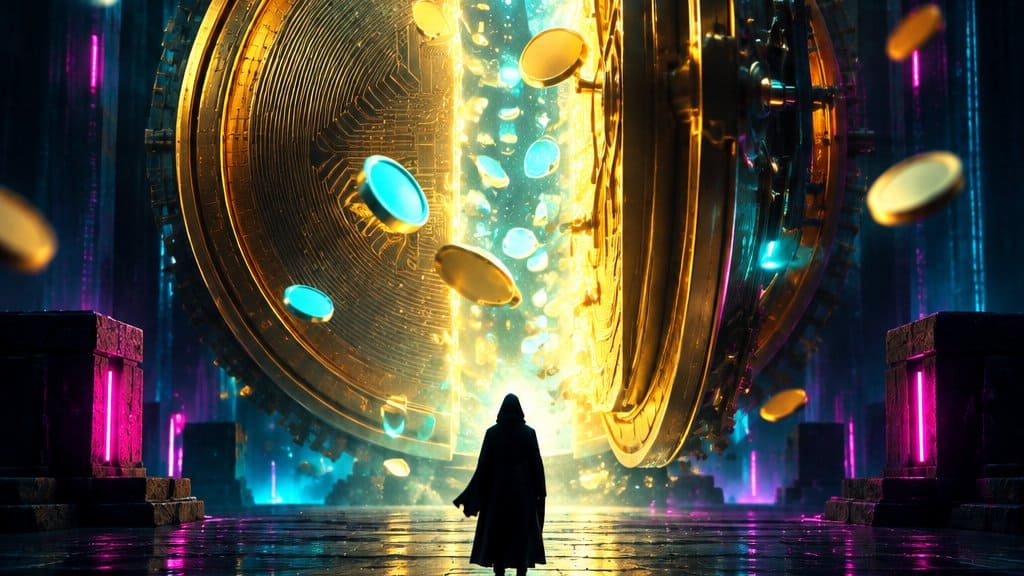 A giant glowing coin-shaped vault door cracked open in the centre of a dark digital hall, golden-cyan light and