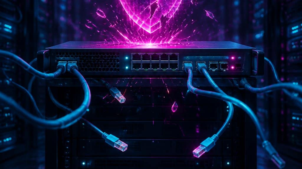 A rack-mounted network firewall appliance in the centre of a dark data centre, a cracked glowing magenta shield