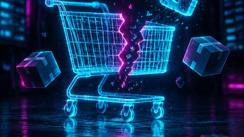 A glowing holographic online shopping cart in the centre of a dark room, its basket split open by a thin magenta