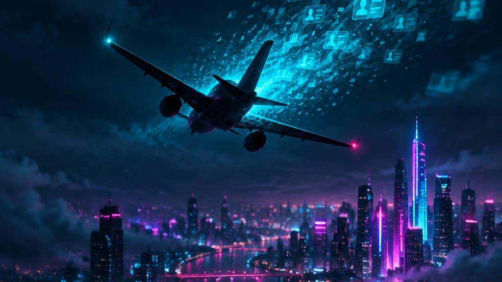 A passenger airliner silhouette banking over a dark neon city at night in the centre of the frame, a translucent cyan