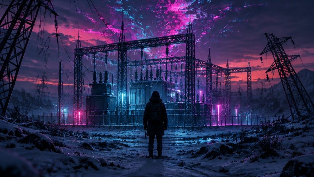 A snowy dark landscape at dusk with a frozen power substation in the centre, magenta and cyan wiper-style static noise