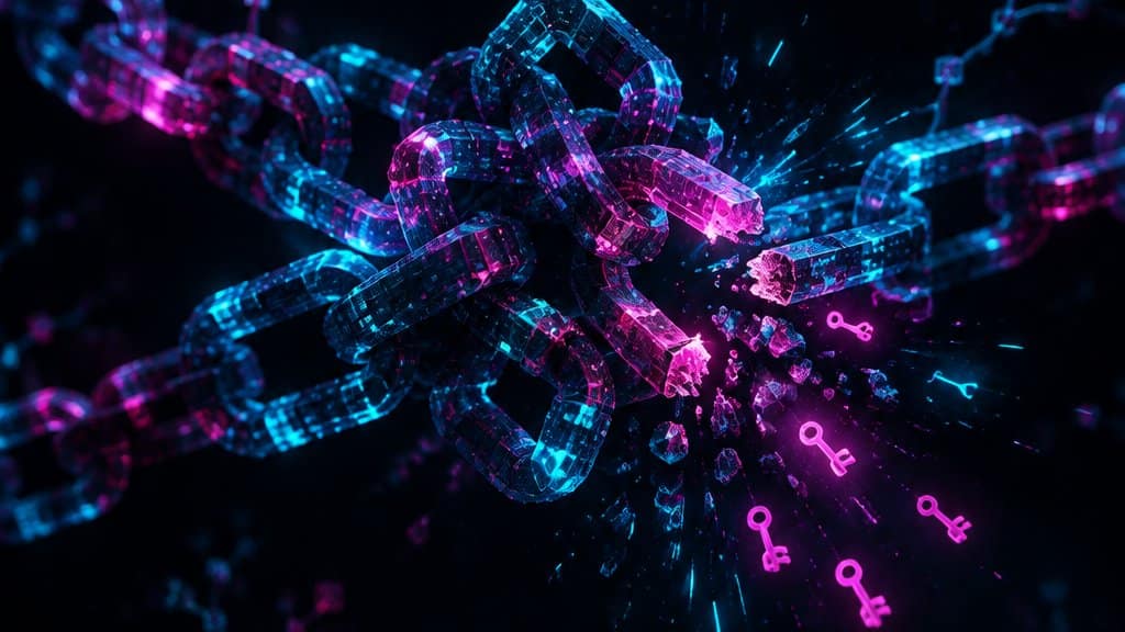 A tangled glowing chain of linked code blocks in the centre of a dark void, one chain link snapping and leaking magenta