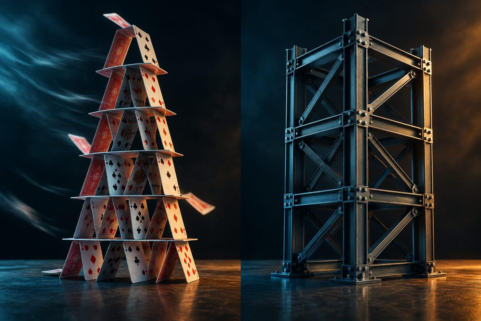 A trembling house of cards beside a welded steel frame under the same light