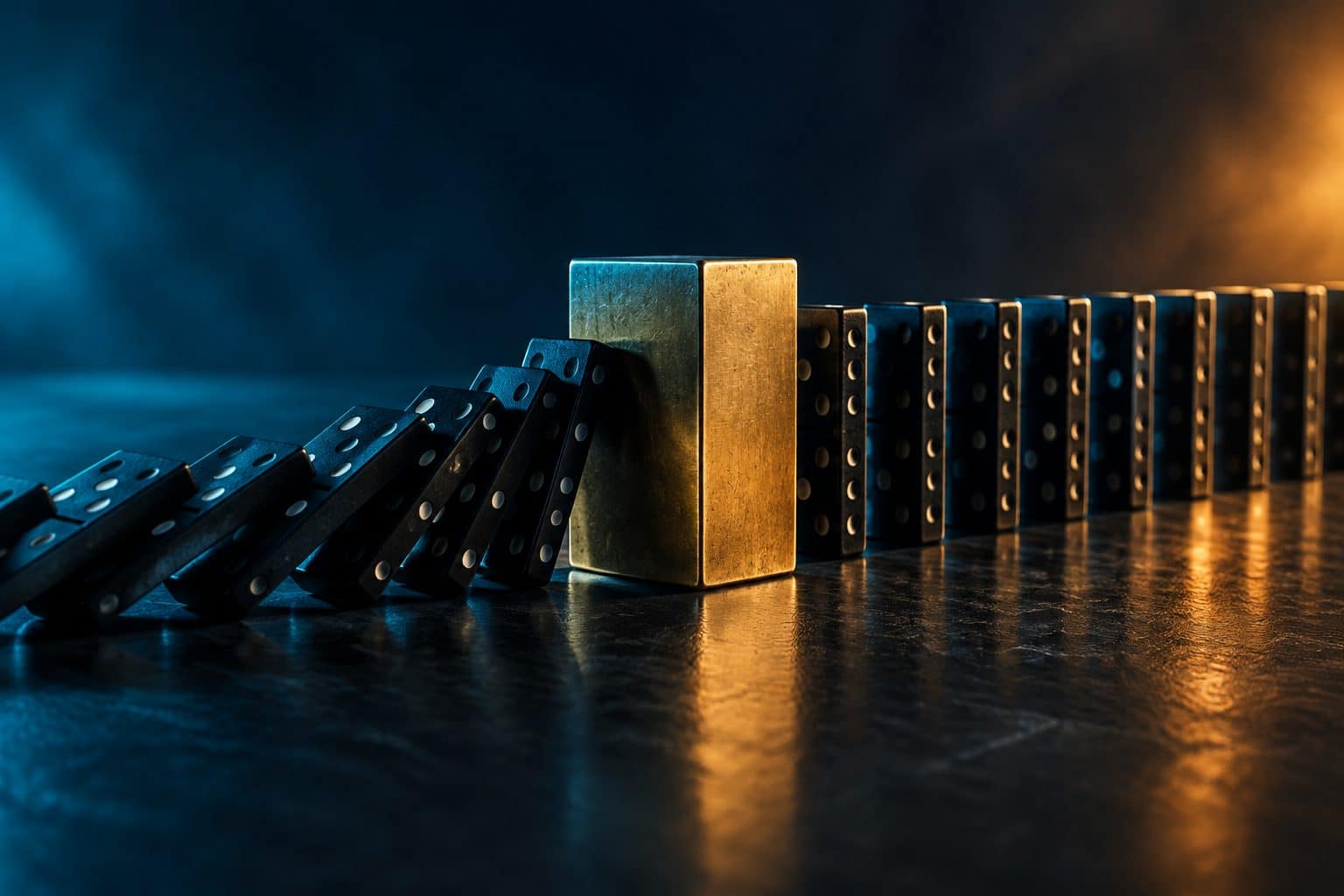 A line of falling dominoes stopped mid-row by a single heavy brass block, the rest still standing