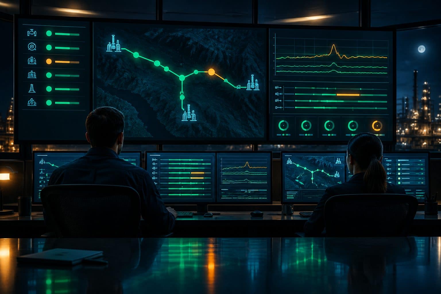 Calm night-time operations control room with two operators watching wall displays of pipeline traces and status lights