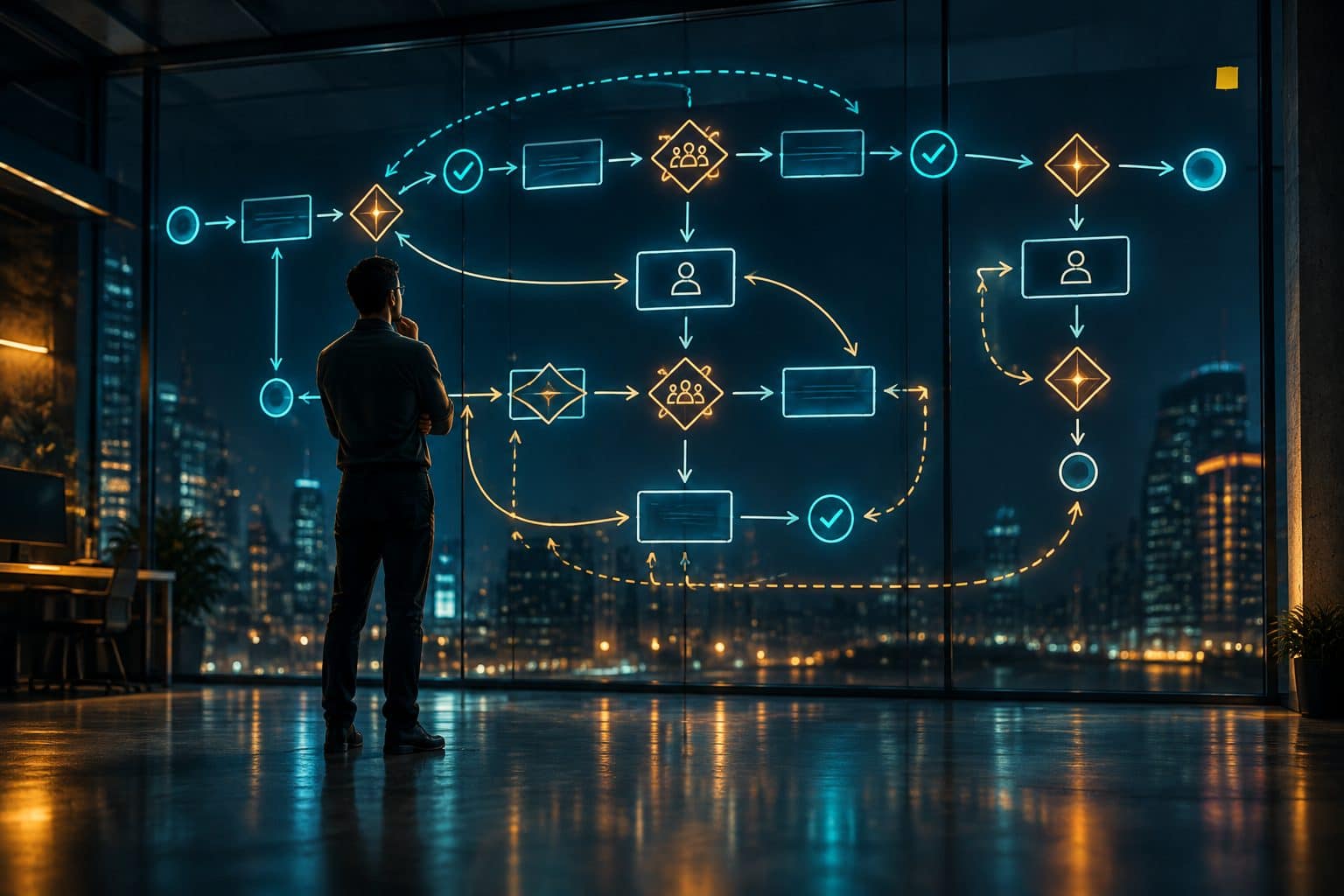 Engineer in front of a glass wall covered in a glowing flowchart of checkpoints and approval gates, with one tiny sticky note in the corner