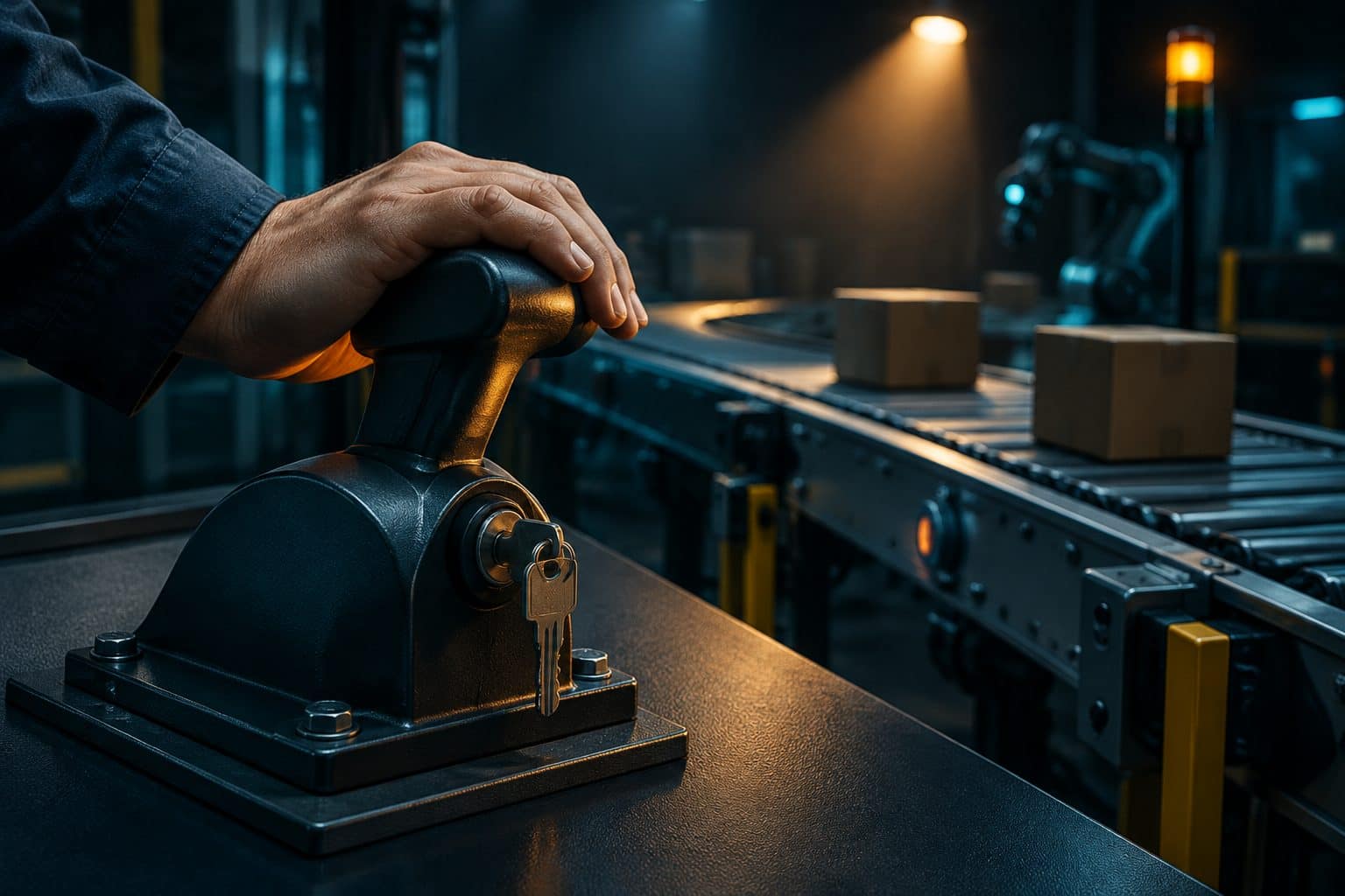 A hand resting on a large industrial lever with a key inserted, conveyor paused in the background