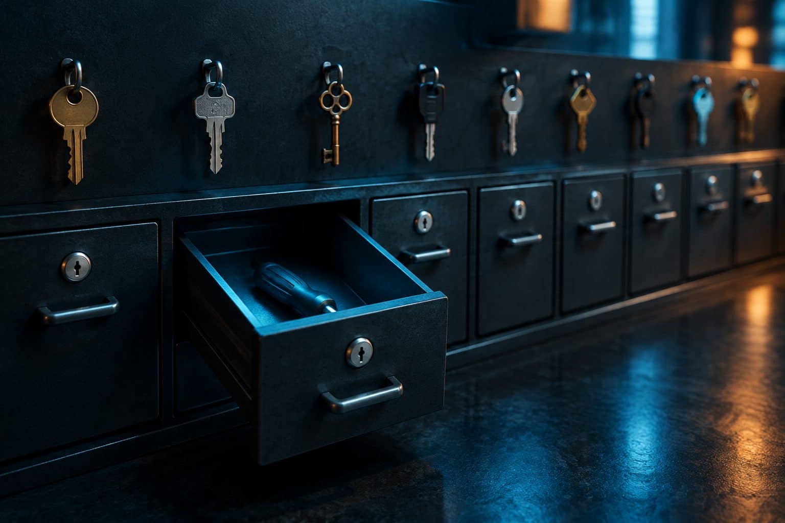 A row of small locked drawers, each with one key on a hook above it, one drawer open showing a single tool