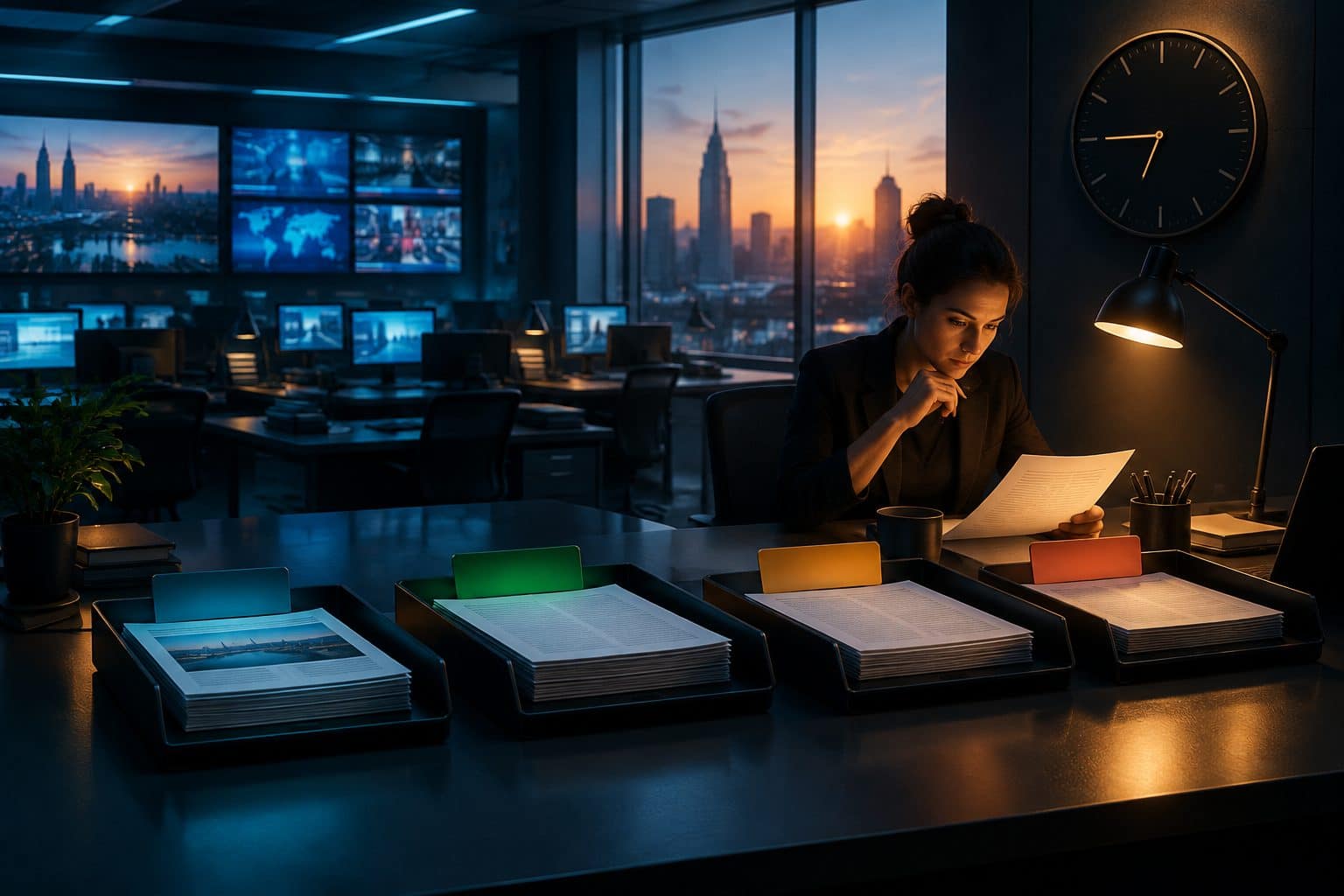 Newsroom desk at dawn with colour-tabbed trays moving content from research to draft to review to publish, one editor reviewing under a lamp