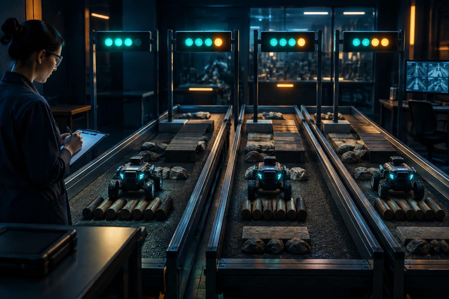 Laboratory bench with identical small robots running the same obstacle course in parallel lanes under a scoreboard