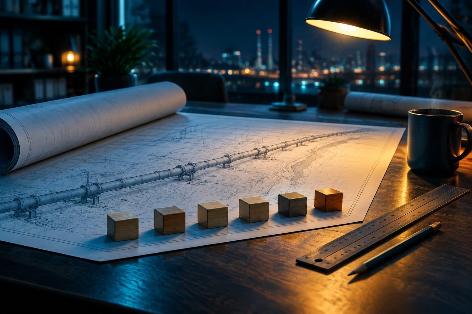 Drafting table at night with a blueprint of a pipeline and seven wooden blocks lined up along its edge