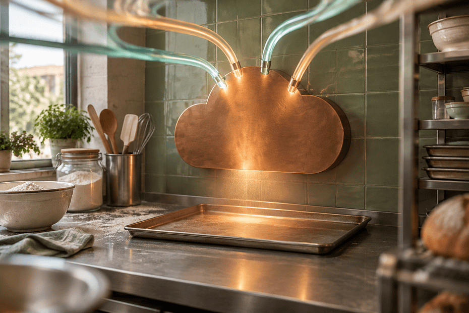 Inside a small bakery kitchen, several soft glowing pipes flow into one copper oven panel, symbolising many AI models reached through a single cloud setup.