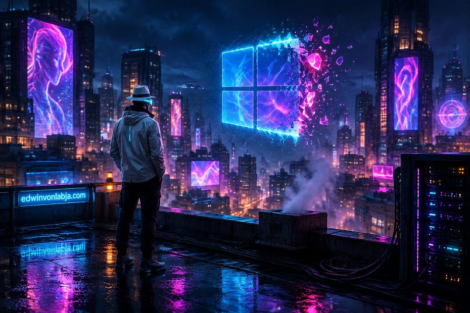 A white hat defender in a pale grey jacket and cyan visor stands on a rain-soaked rooftop at night, watching a glowing Windows Shell window being sealed by a patch above a neon city.