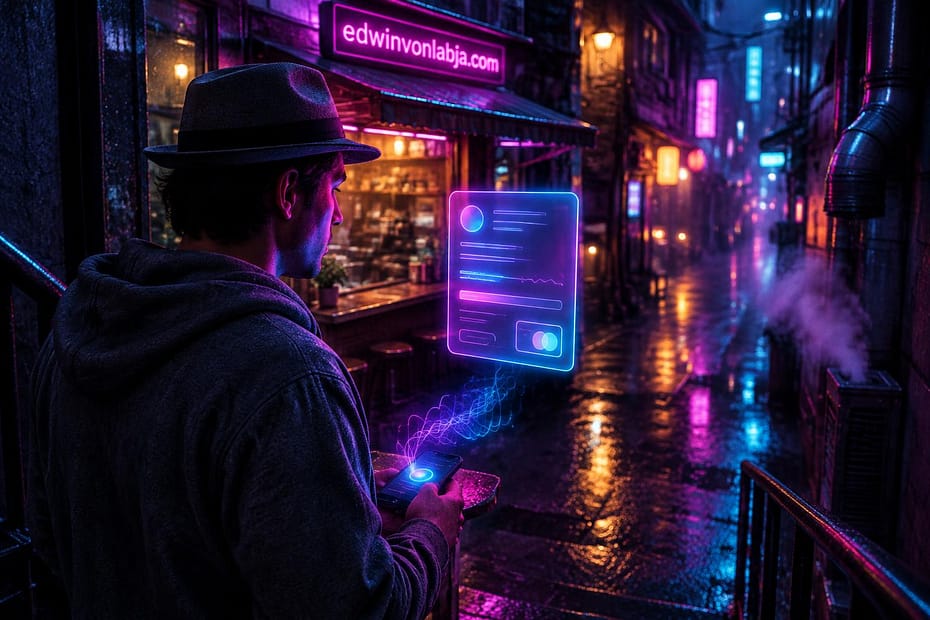 A grey hat figure in a grey hoodie stands on a stairwell threshold in a rain-soaked neon alley, facing a glowing fake invoice floating beside a storefront.