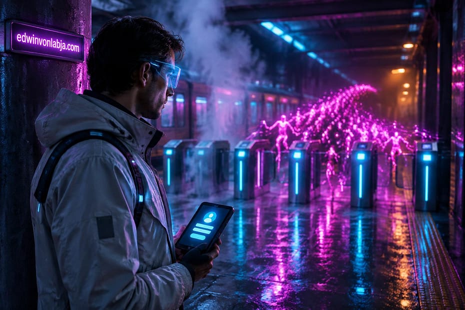 A white hat defender in a pale grey jacket with a cyan visor stands on a neon-lit subway platform at night, watching a swarm of glowing automated agents approach a row of login gates.