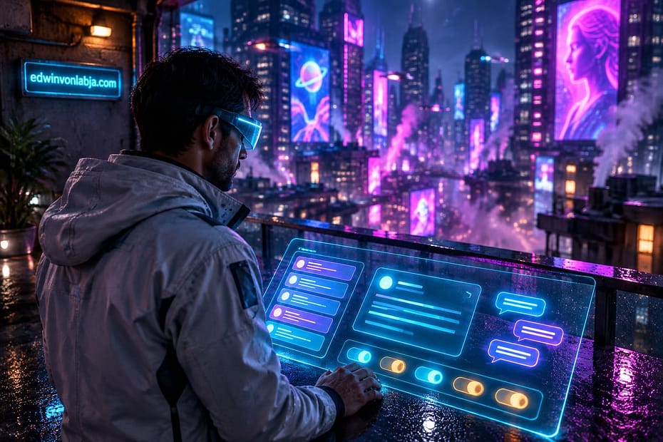 A white hat defender in a pale grey jacket with a cyan visor, seen over the shoulder, adjusts glowing AI toggles on an inbox panel above a rain-slick neon city at night.