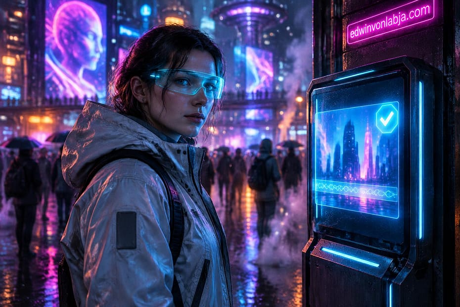 A white hat defender in a pale grey tech jacket with a cyan visor checks a glowing media tag at a rain-slick neon street kiosk at night.
