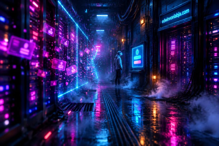 A white hat defender in a pale grey jacket stands in a neon-lit server corridor at night, watching a glowing cloud login panel being secured.