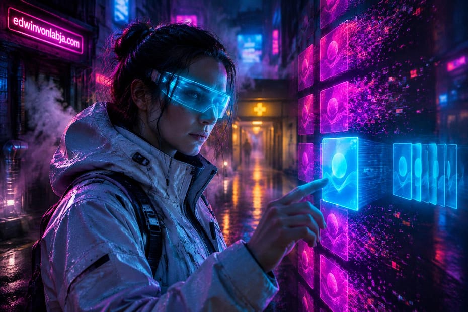 A white hat defender with a cyan visor stands in a rain-slick night arcade street, watching a wall of alert cards sort themselves into priority while most fade to magenta static.