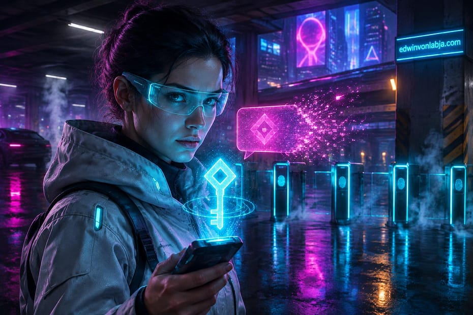 A white hat defender in a pale grey tech jacket with a cyan visor stands in a rain-slick night parking structure, switching an admin login from an SMS code to a passkey.